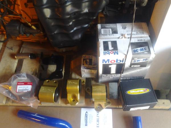Oem type r crank pulley, blackworks radiator hoses, skunk2 vtec solenoid, gold hasport ekstk mounts.